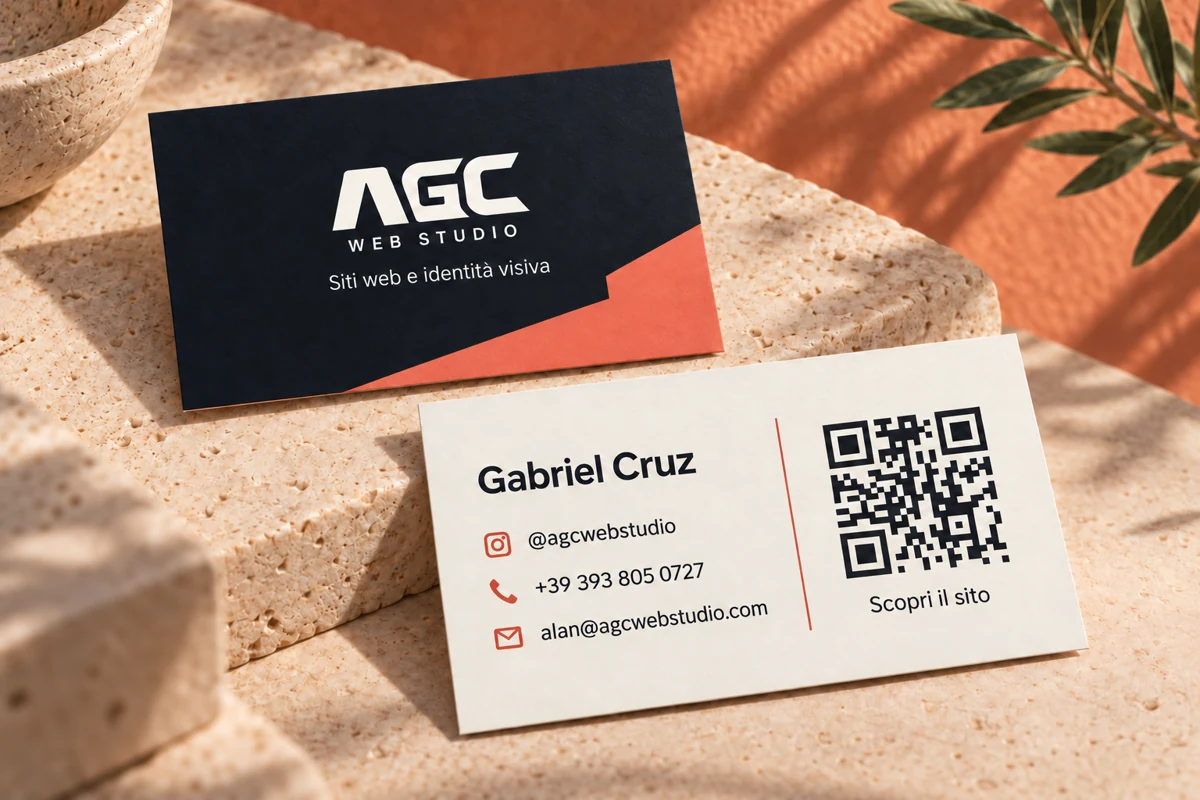 Tarjeta de AGC Web Studio: frente navy y coral, dorso marfil con los datos de contacto.