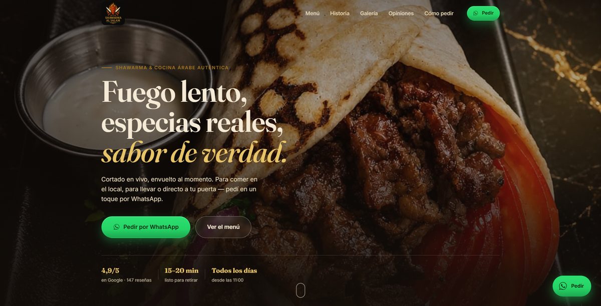 Sitio web de Shawarma Al Salam diseñado por AGC Web Studio: portada con el shawarma, titular y pedido por WhatsApp.